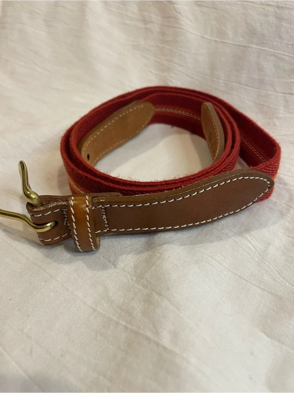 Orvis USA Woven Stretch Belt XL Red Leather Trim Brass Buckle Preppy Heritage